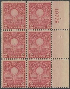 Plate Block of 6 stamps - Scott 654 - 2 cent - Edisons First Lamp - 1929 - MNH - Picture 1 of 1