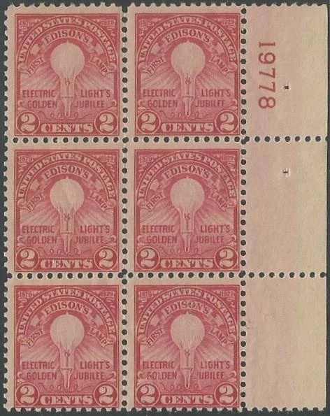 Plate Block of 6 stamps - Scott 654 - 2 cent - Edisons First Lamp - 1929 - MNH - Image 1 of 1