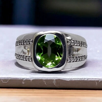 Piedras preciosas de peridoto con anillo de novio de plata de ley 925 para hombre #BL11 Foto 1 de 4