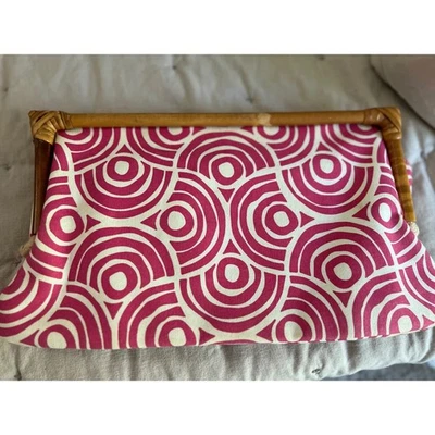 Donna Dixon Bamboo Handle Pink Geometric Print Clutch Magnetic Closure Casual - Image 1 of 4