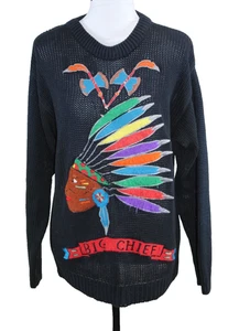 Vintage Native American Big Chief Head Crewneck Sweater Size M Chunky Knit Patch - Picture 1 of 7