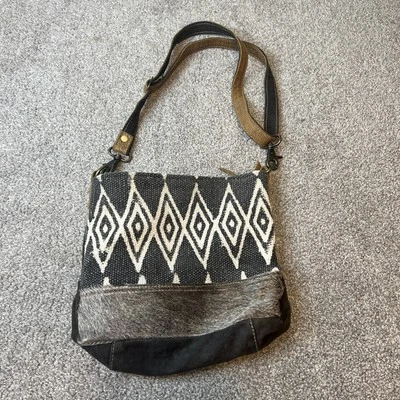 Myra Bag Crossbody Purse Womens Medium Black White Cowhide Canvas Boho Southwest - Image 1 of 4