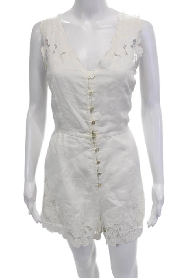 Zimmermann Womens Linen Floral Lace Trim Sleeveless Romper White Size 1 - Image 1 of 4