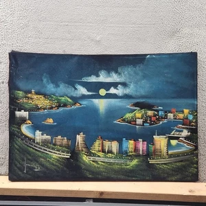 Vintage Acapulco Bay Nightscape Oil Painting Signed Cityscape Canvas Mexico Art - Picture 1 of 15