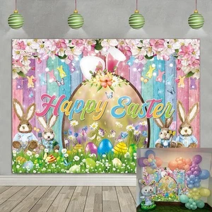 Happy Easter Backdrop Colorful Wood Easter Photography Background Spring Flow... - Picture 1 of 8