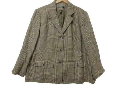 Sz 18W Ralph Lauren Women Beige Houndstooth LINEN Jacket Equestrian Old Money - Image 1 of 4