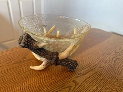 Faux Deer Antler Bowl Holder with Crackle Glass Bowl 8" Diameter - Image 1 of 4