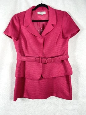 Tahari Asl 2PC Skirt Suit Women’s Petite 14P Pink Blazer Belted Short Sleeve - Image 1 of 4