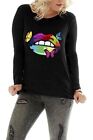 Womens Butterfly Lips Oversized Stretchy Baggy Long Sleeve Summer Basic T Shirt