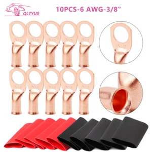 10PC 6AWG Gauge 3/8" Copper Lugs W/BLACK RED Heat Shrink Ring Terminals Wire - Picture 1 of 10
