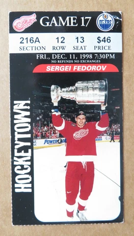 Red Wings Sergi Fedorov Wings Game ticket stub dated Dec 11, 1998 $46 face value Cover