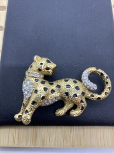1980s Vintage Attwood & Sawyer Signed Enamelled 22ct Gold Plated Leopard Brooch - Picture 1 of 4