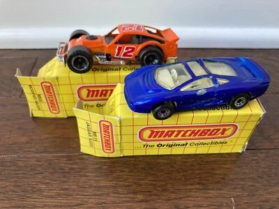 Matchbox 31 Jaguar XJ220 blue, 32 Modified Racer 12 orange chrome exhausts box - Image 1 of 4