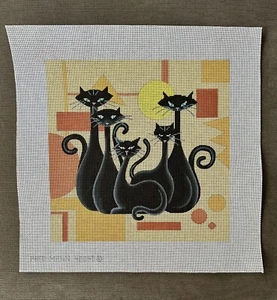 Patti Mann Hand Painted Needlepoint Canvas Black Cats Orange Geometric 17”x17” - Picture 1 of 6