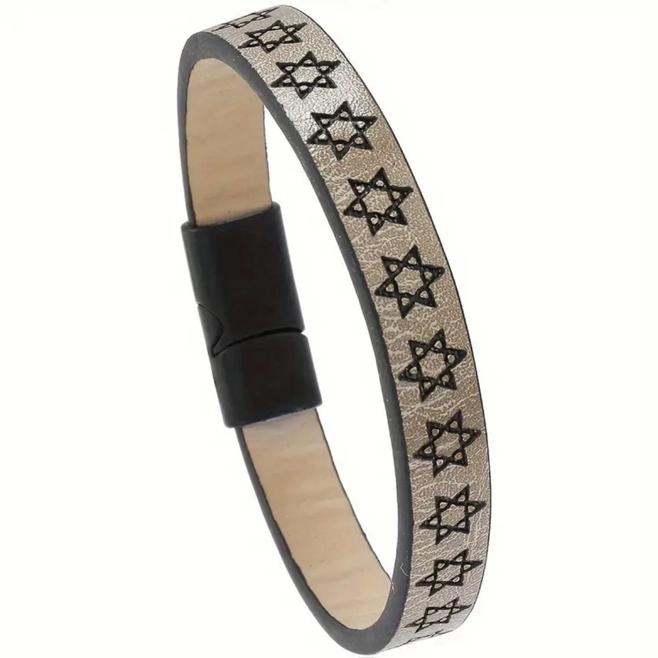 Men’s Beige PU Leather Star Of David Bracelet With Magnetic Closure! - Image 1 of 3