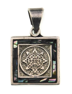 Taxco Mexico 925 Sterling Silber mit Abalone Azteken Maya Kalender Quadrat Anhänger - Bild 1 von 5
