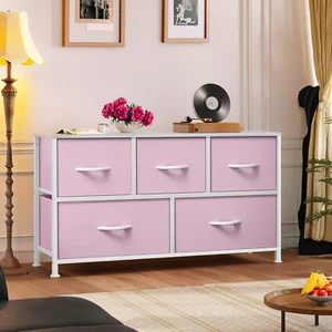 Ultym 5 Drawers Dresser Chest of Drawers Fabric Storage Organizer Closet Pink - Picture 1 of 5