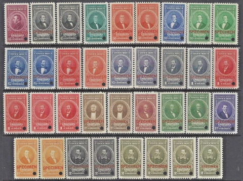 COSTA RICA PORTRAITS, SET ALL PRINTINGS (35) OVERPRINT SPECIMEN 45c-₡2 MNH Cover