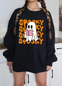 Halloween Sweatshirt Classic Hoodie with Spooky Ghost and Spider Web Graphic - Picture 1 of 14