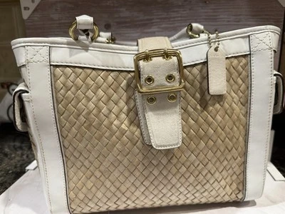 Bolso de Mano COACH Vintage Bolso de Mano Cuero Paja Gamuza Hebilla Beige Blanco con Bolsa para el Polvo Foto 1 de 3