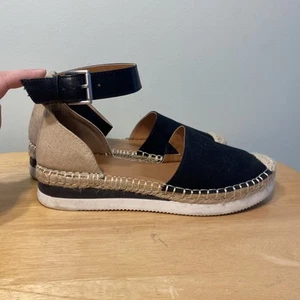 Sandali espadrillas ANA taglia 7,5 marrone nero tela ecopelle cinturino alla caviglia fibbia - Foto 1 di 8