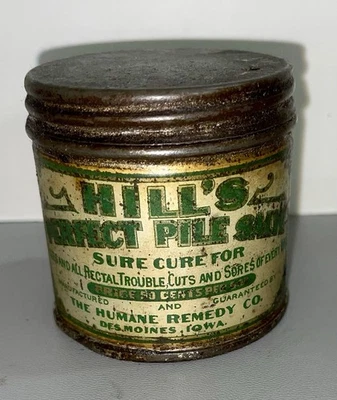 Vintage HILL'S PERFECT PILE SALVE Sure Cure Tin, Humane Remedy Co DesMoines Iowa - Image 1 of 4