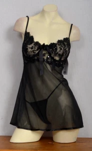 Black Lace Sheer Babydoll open back Sexy S UK 8-10 Open front - Picture 1 of 2
