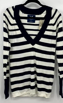American Eagle Women's Sweater Large Blue Stripe V-Neck Knit Logo Y2K New NWT - Imagem 1 de 4