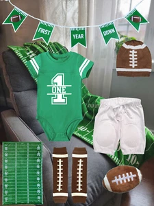 First Year Down Football Cake Smash Outfit Boys Girls Baby Bodysuit 1st Birthday - Picture 1 of 3