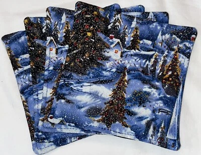 Juego de 4 alfombras taza azul plateadas de Navidad posavasos árbol de invierno iglesia Snow Town Foto 1 de 2