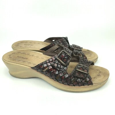 Fly Flot 红色皮革 Dana EU 38 US 6.5 防震楔形露趾懒人凉鞋 — 第 1/4 张图片