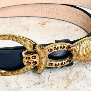 Chicos Black Leather Belt S M Oval Gold Hammered Rhinestone Textured Buckle - Picture 1 of 12