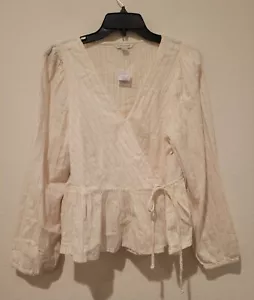 NWT American Eagle AEO Wrap Peplum Long Sleeve White Beige Stripe Blouse LARGE - Picture 1 of 9