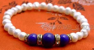 SALE Beautiful! Natural 6-7mm white Pearl and blue Round jade 7.5" bracelet-b289 - Picture 1 of 7