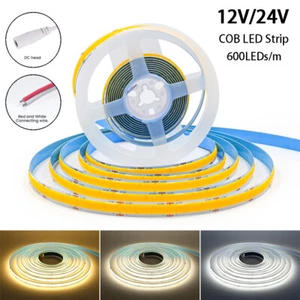 High Density 600 LED COB Strip Lights 12V 24V Flexible Tape Rope Self Adhesive - Picture 1 of 24
