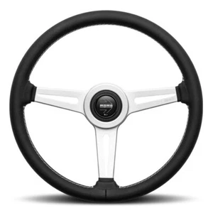 Genuine MOMO Retro Silver Spokes Black Leather 360mm Steering Wheel - Picture 1 of 4