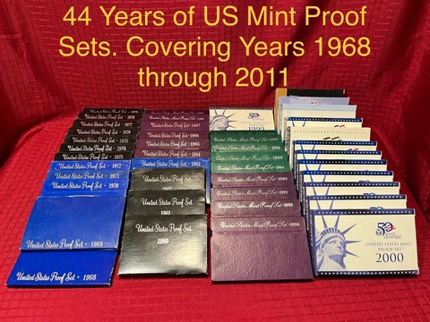 US MINT PROOF SET RUN from 1968 to 2011 (44 YEARS) Great Collection. A++++ Cover