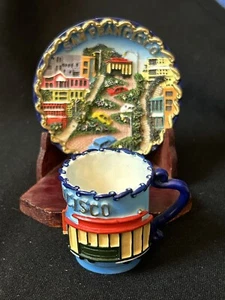 San Francisco, CA Souvenir Mini Raised Texture Tea Cup, Saucer & Wooden Stand - Picture 1 of 5