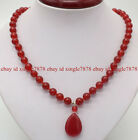Pretty 8mm Natural Red Jade Gemstone Round Beads Teardrop Pendant Necklace 20"
