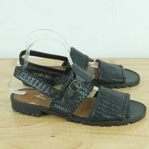 Vintage Women's 11 Fisherman Sandals 90s Black Woven Leather Slingback Shoes - Picture 1 of 11