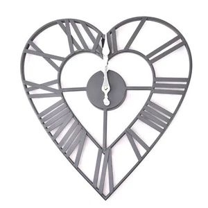 Grey Metal Skeleton Wall Clock Heart Cut Out Industrial Style Roman Numerals - Picture 1 of 1