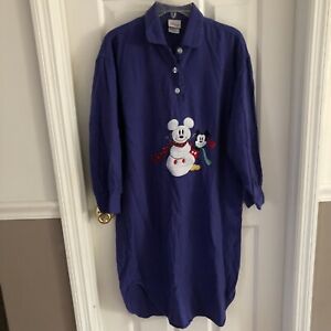 Disney Store Plaid Flannel Pajama Shirt Sleep Mickey Mouse Snowman Nightgown Vtg