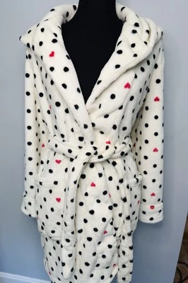 Betsey Johnson Ropa de Dormir Bata de Vellón con Capucha Corta Negro Blanco Lunares Rosa Foto 1 de 4