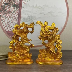 Pair of China Antique Copper Gilt Handmade Exquisite Dragon and Phoenix Statue - Picture 1 of 5
