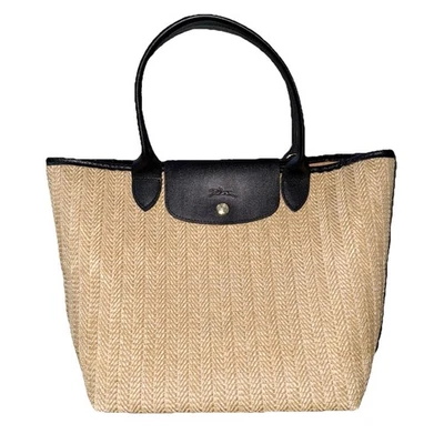 Longchamp Raffia Woven Basket Le Pliage Paille Tote M Tan Shoulder Bag Purse - Image 1 of 4