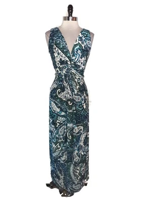 CHAPS Size 16W Maxi Dress Blue White Paisley Sleeveless Stretch Knit - Image 1 of 4