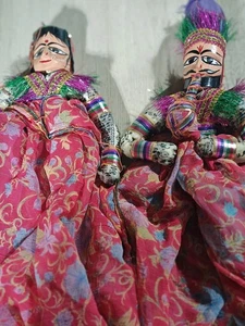 Rajasthani Kathputli String Puppet Dolls Pair Handmade Cloth Wood Folk Art India - Picture 1 of 12