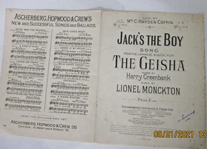 "Antigua canción JTB de obra musical japonesa, "The Gaisha" hoja de música, c. 1896 - Imagen 1 de 4