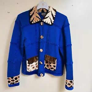 VTG Berek Takako Saxon Sz M Women Blue Animal Print Cardigan Sweater w/Pockets** - Picture 1 of 19