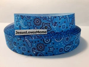 Grosgrain Ribbon Medium Blue Paisley Handkerchief Pattern Design Western, 7/8" - Picture 1 of 1